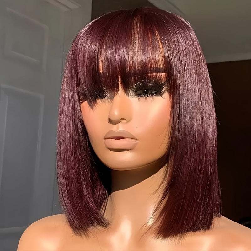 Burgundy Brazilian Virgin Human Hair Wig - 99J Short Straight Bob with Bangs, Glueless Comfort Fit, 180% Density Rose Net Cap, Natural Black Real Human Hair for Women, All Ethnicities, Perfect Gift, Short Hair Wigs, Stylish H